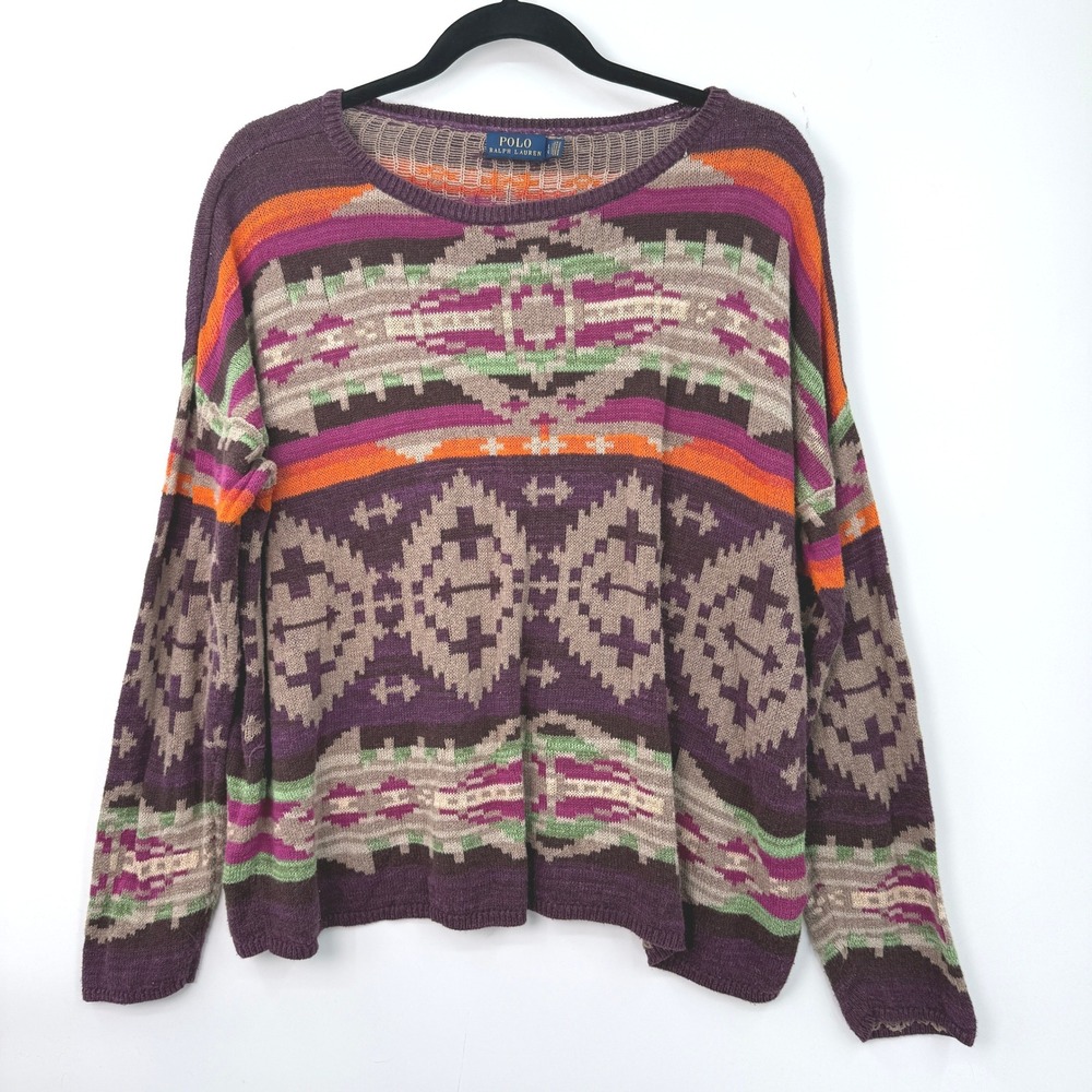 Polo Ralph Lauren Southwestern Aztec Cotton Sweater Women L Purple Boho Eclectic
